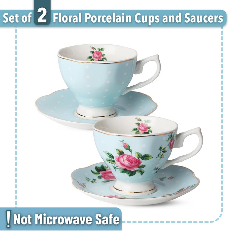 Brew To A Tea BTaT- Floral Tea Cups and Saucers, Set of 2, 8oz, with Gold Trim, Coffee Cups, Floral Tea Cup Set, British Tea Cups, Porcelain Tea Set, Tea Sets for Women - Image 2